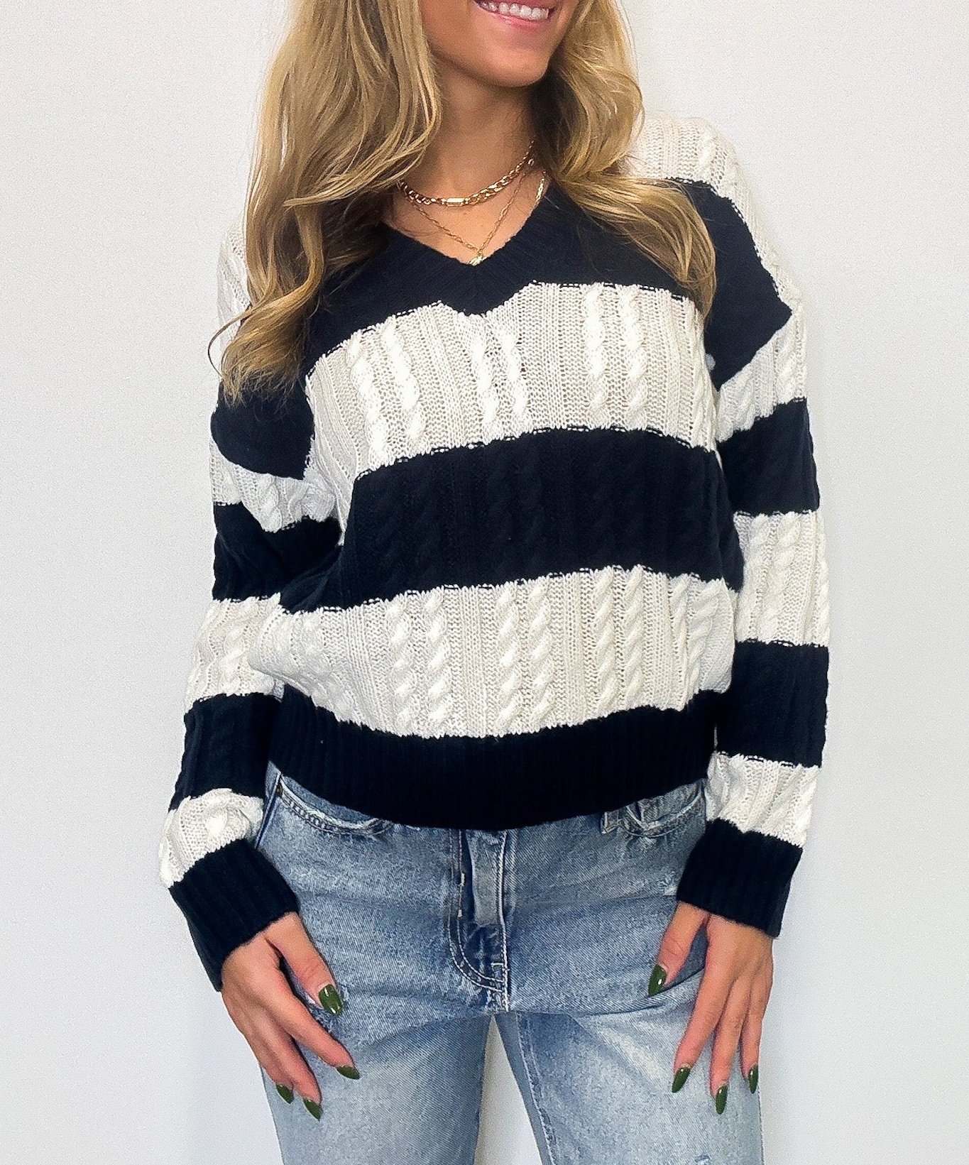 V-Neck Striped Cable Knit Sweater