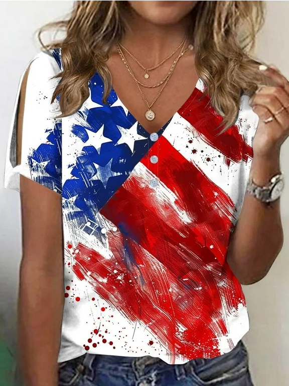 Regular Fit Independence Day V Neck Elegant T-Shirt