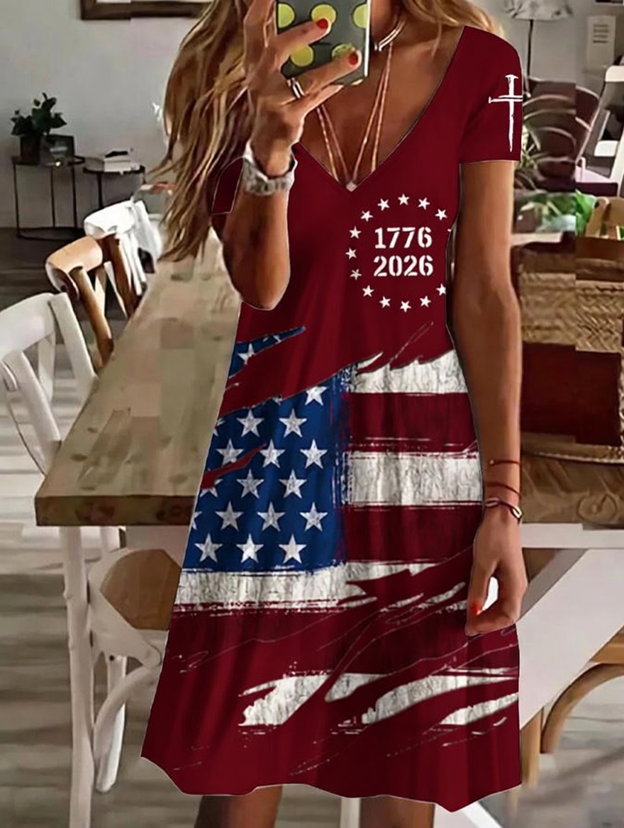 Women'S Daily Casual V-Neck American Flag Independence Day Celebration Printed Dress
