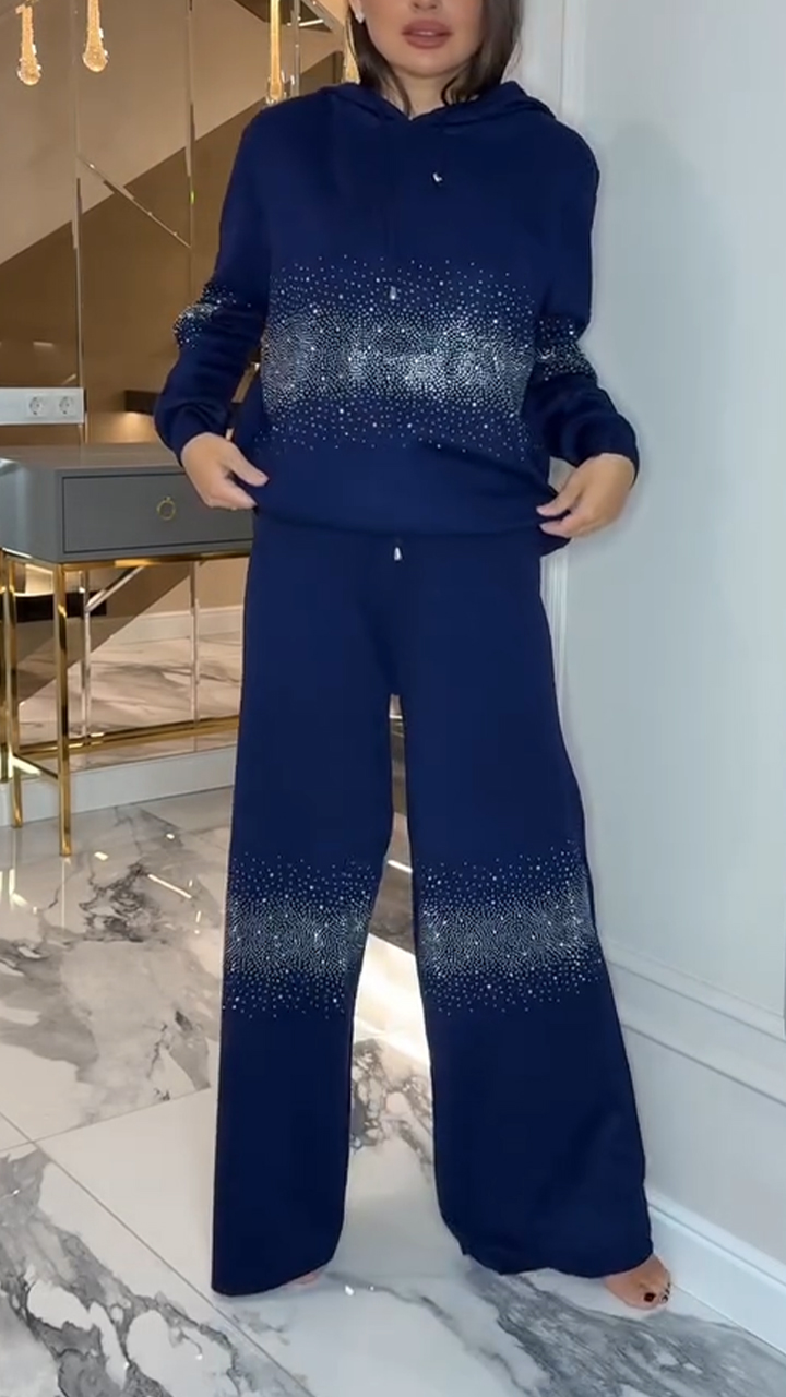 Womens Round Neck Hooded Rhinestone Hot Stamping Casual Set