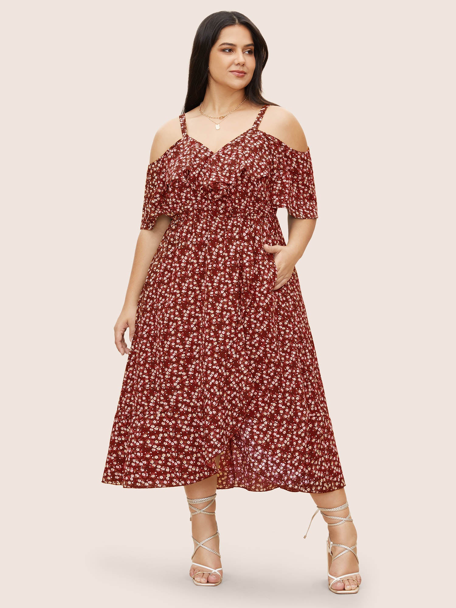 Ditsy Floral Pocket Wrap Cold Shoulder Ruffle Dress