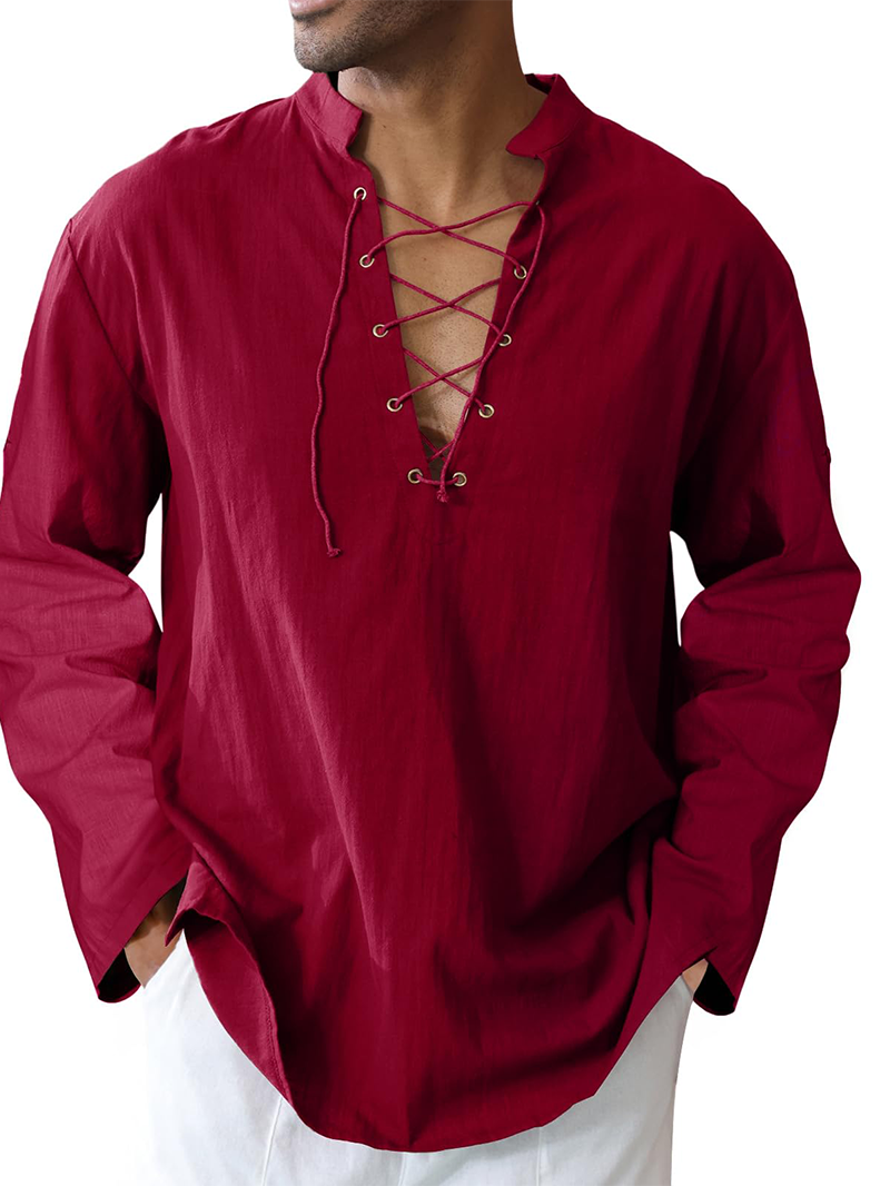 Men's cotton and linen shirt with drawstring sleeves