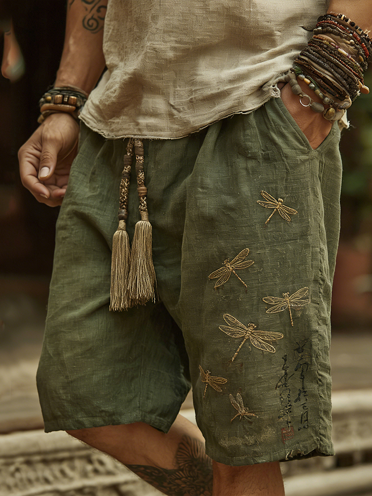 Japanese Art Embroidery Dragonfly Green Shorts