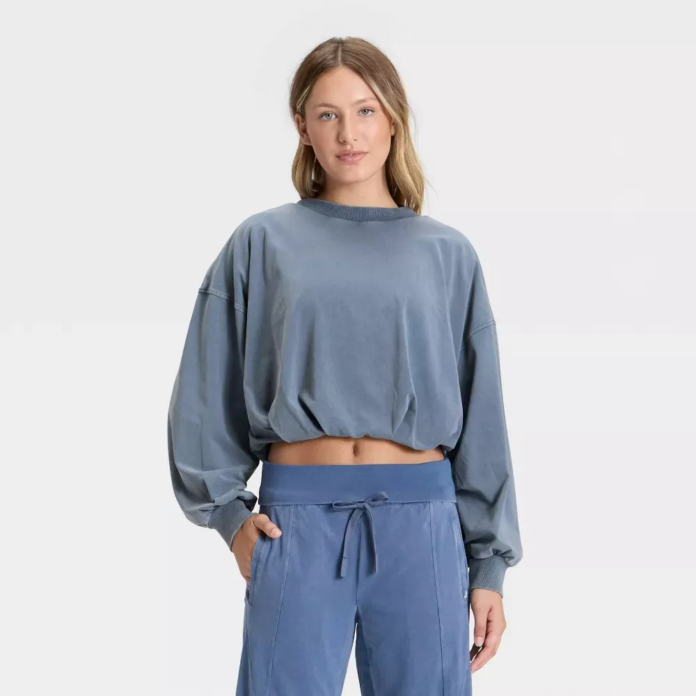 Women's Bubble Hem Long Sleeve Top & Wide Leg Pants Set