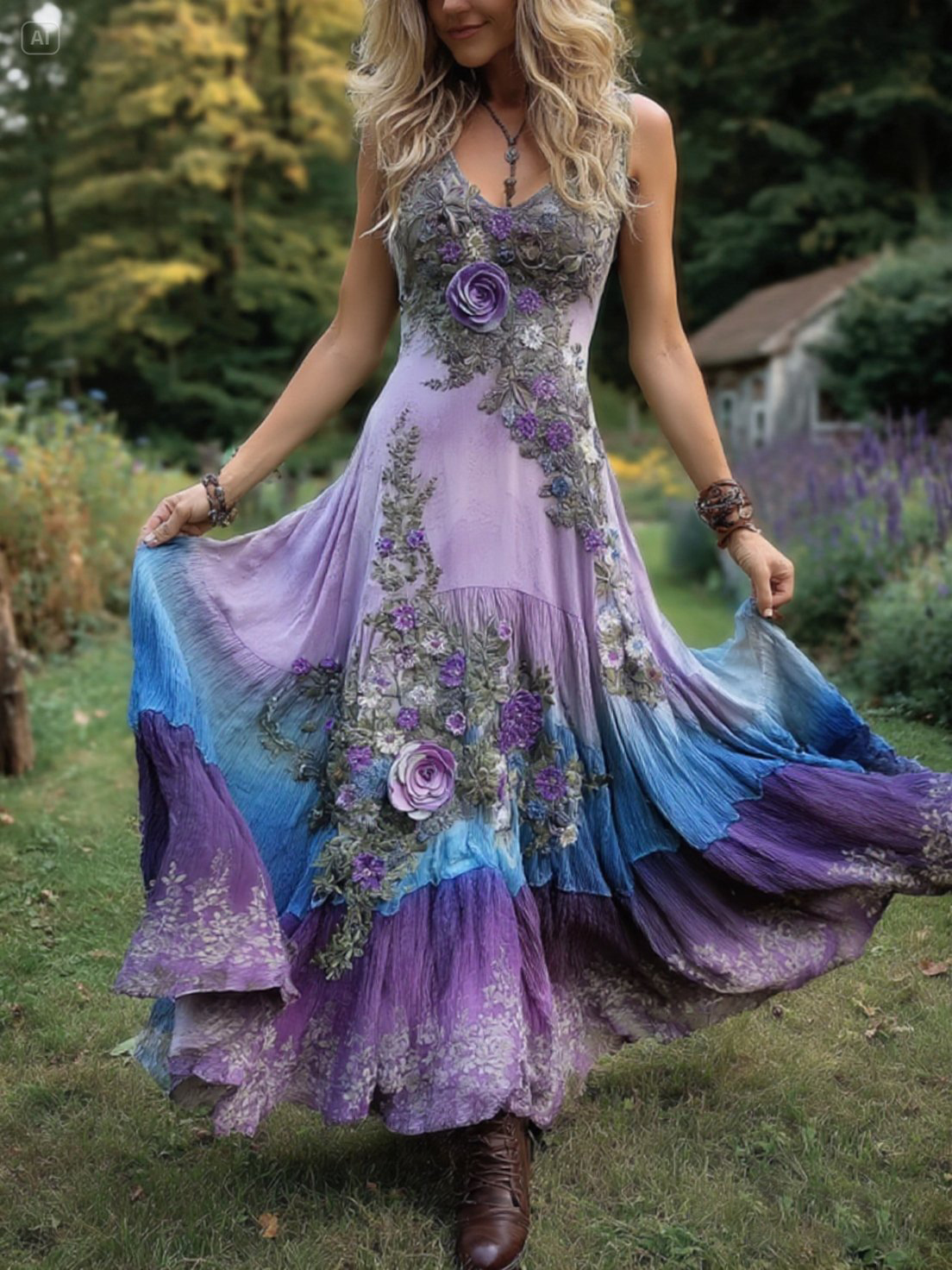 Classy Gradient Purple Lavender And Floral Embroidered Linen Maxi Dress