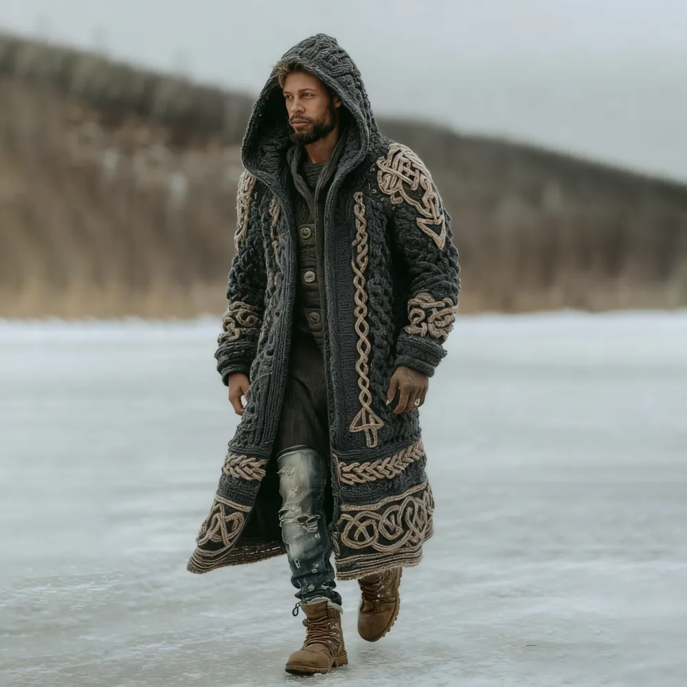 Men's Viking Celtic Knot Art  Mid-length Chunky Knit Cardigan Sweater