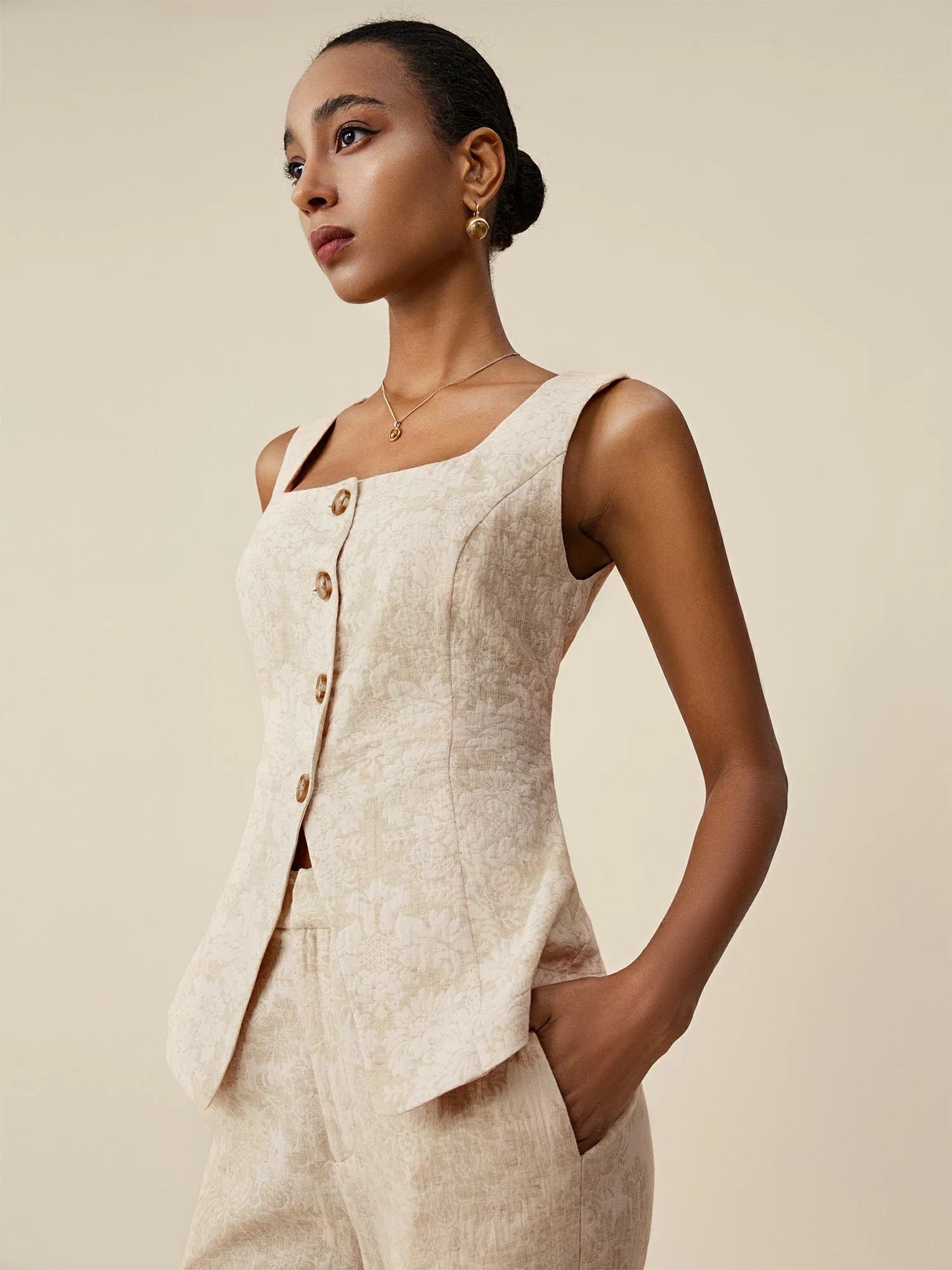 Cotton & Linen Square Collar Jacquard Vest