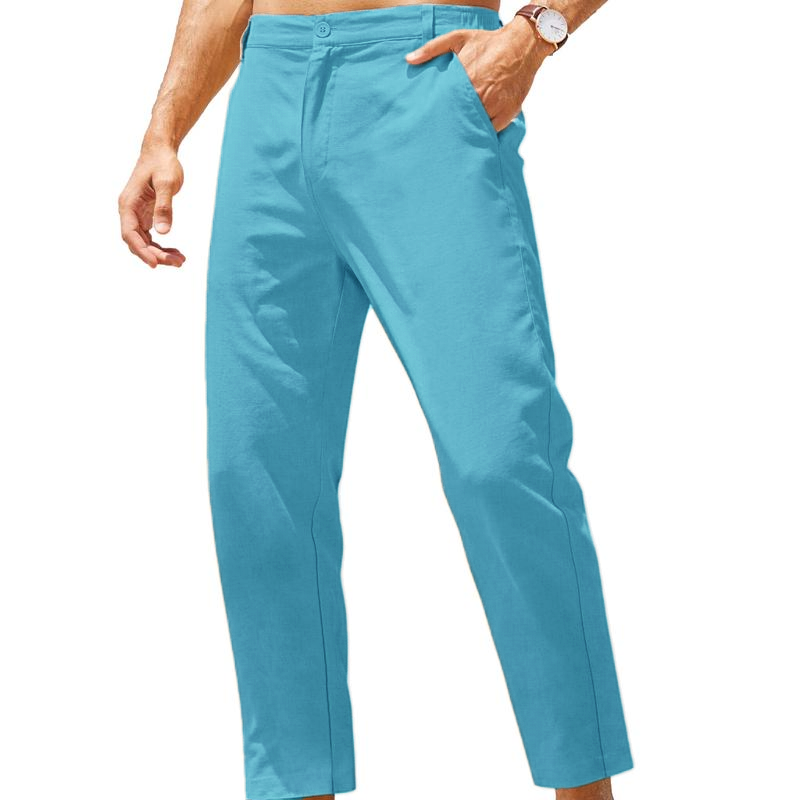 Men’s Lightweight Cotton Linen Elastic Waist Pants (Slim Fit with Pockets)