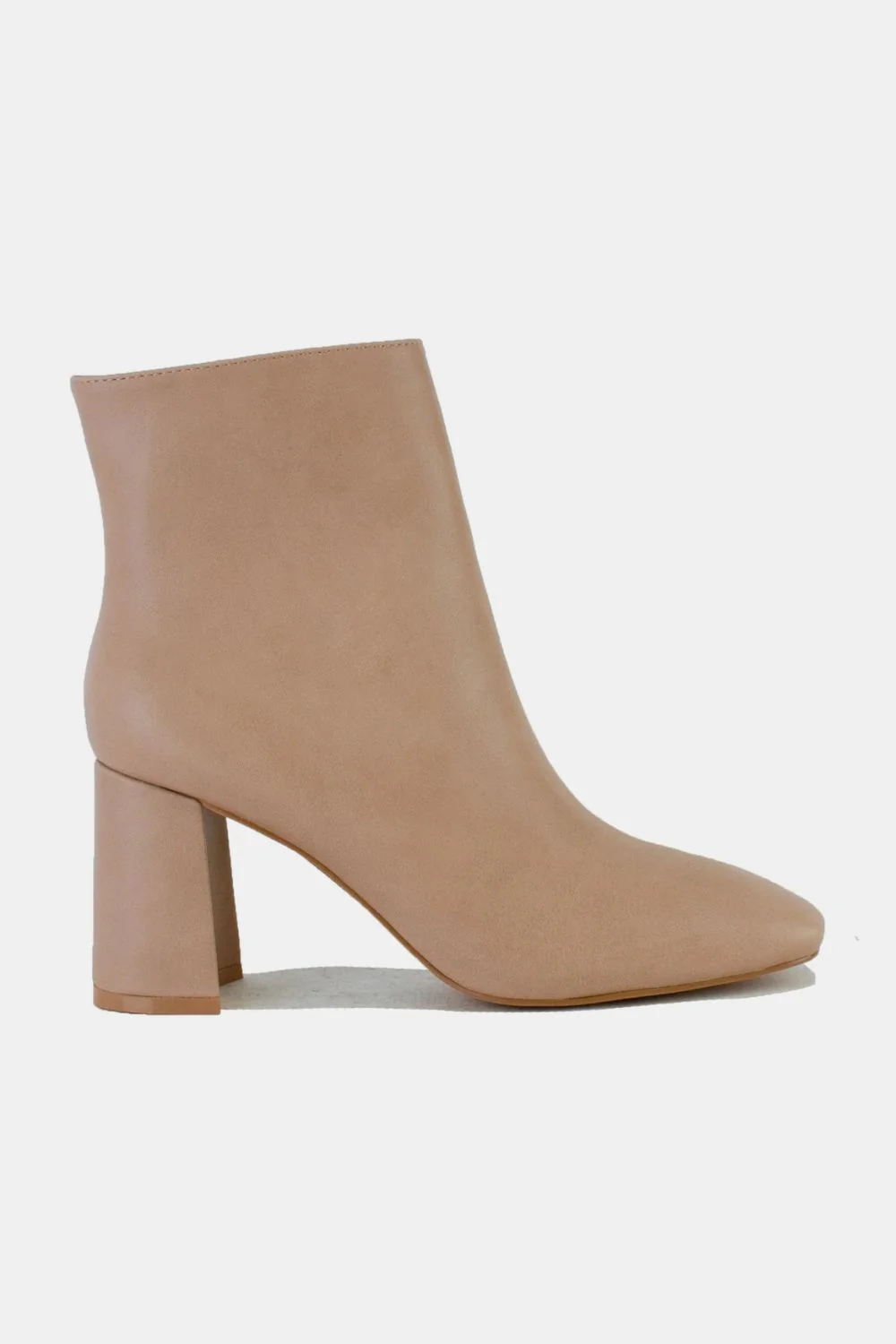 PU Leather Block Heel Boots with Side Zippers in Nude