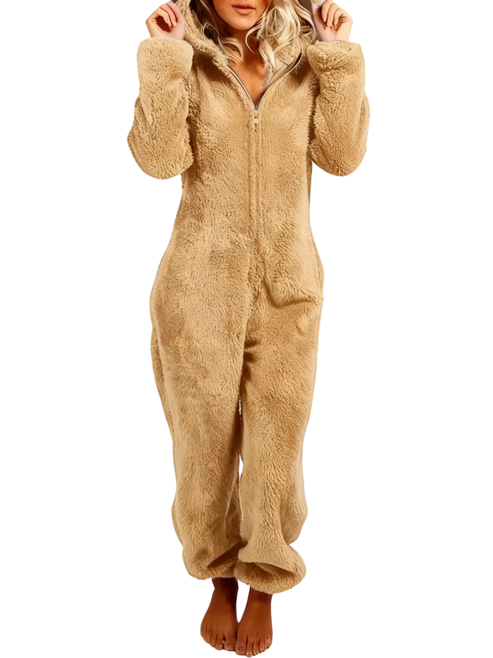 Women's Solid Zipper Hooded Plush Pajama Jumpsuit