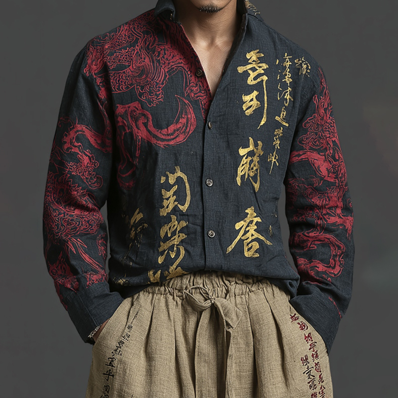 Japanese Art Retro Dragon Linen Casual Long-sleeve Top