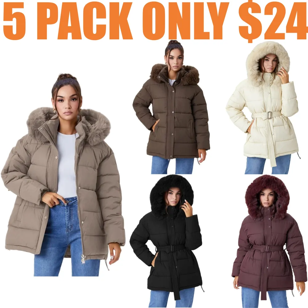 Women's Versatile Solid Color Fluffy Hooded Zip-Up Belt Decor Cotton Coat