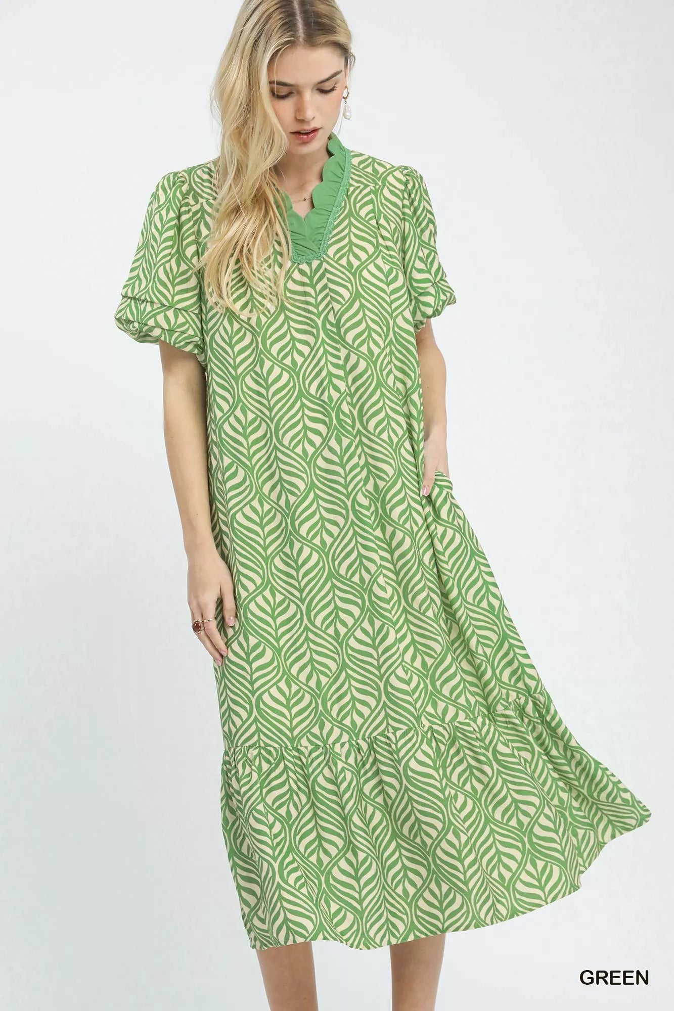 Umgee Leaf Print Ruffle Neck Midi Dress