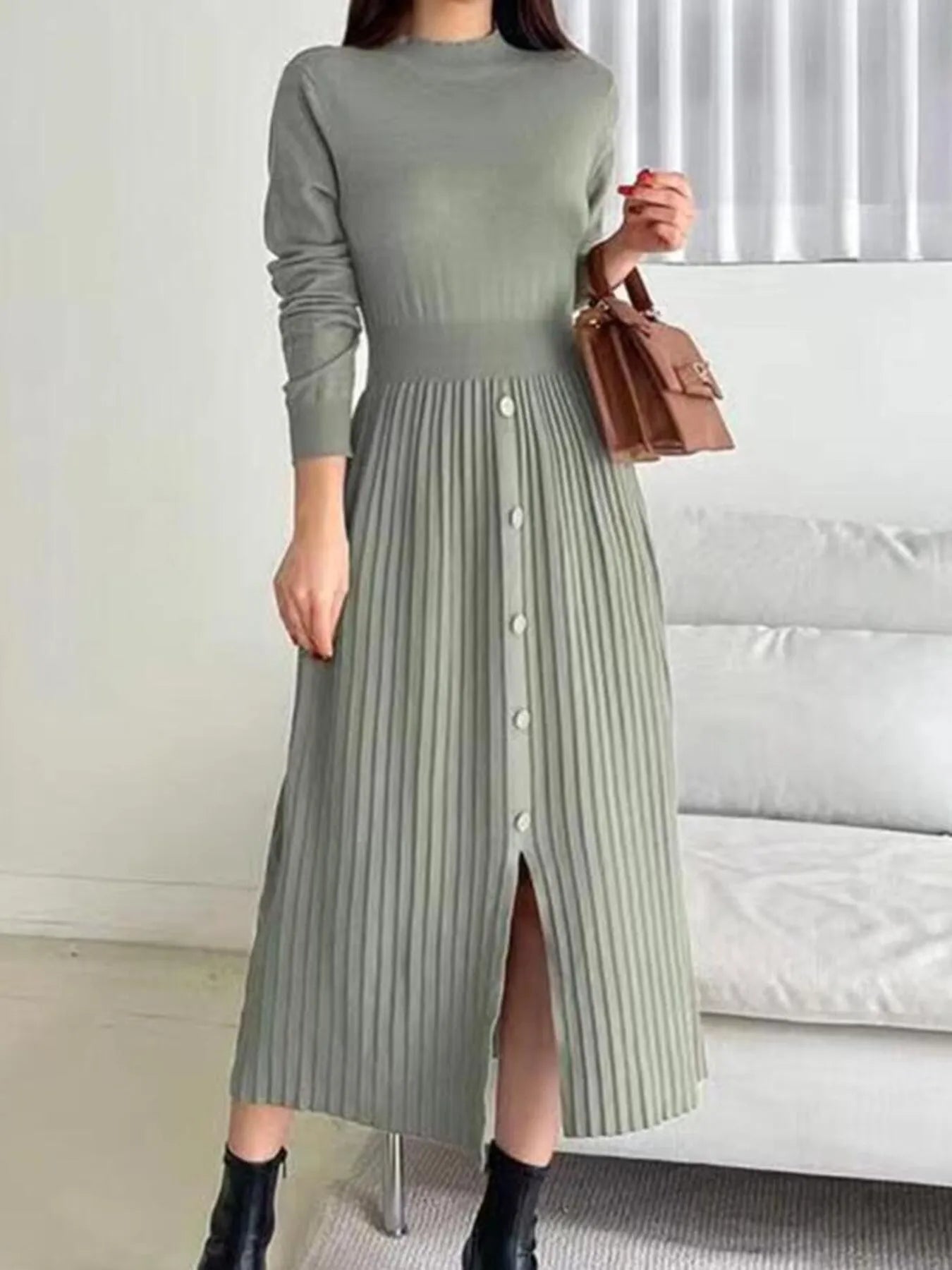 Slit Front Mock Neck Long Sleeve Knit Dress