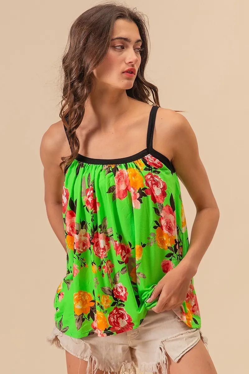 Floral Print Jersey Knit Gathering Cami Top