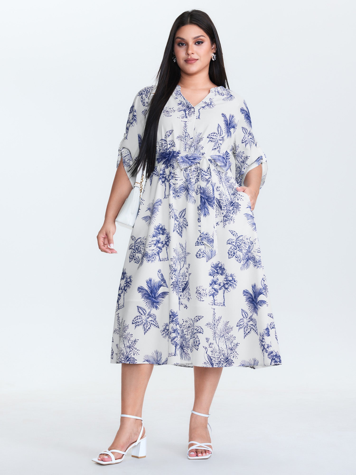 Forest Print Belted Folded Sleeve Midi Dress