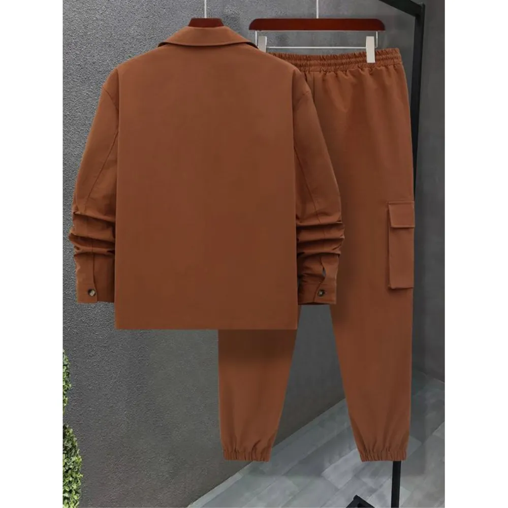Men's Solid Color Pocket Button Front Jackets & Pants Two-Piece Set