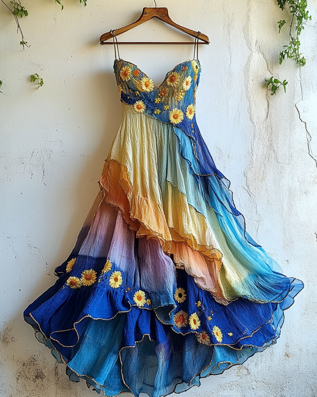 Gilded Ruffled Daisy Embroidery Gradient Irregular Dress 0576