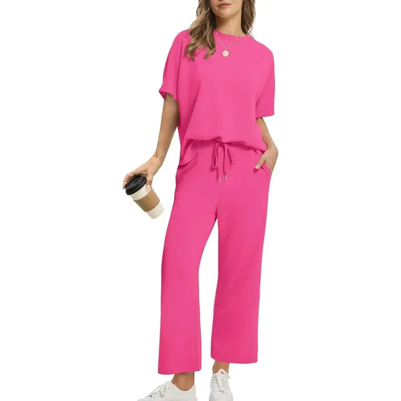 Two Piece Sets for Women Summer Outfits Oversized Wide Leg Crop Pants Lounge Sets