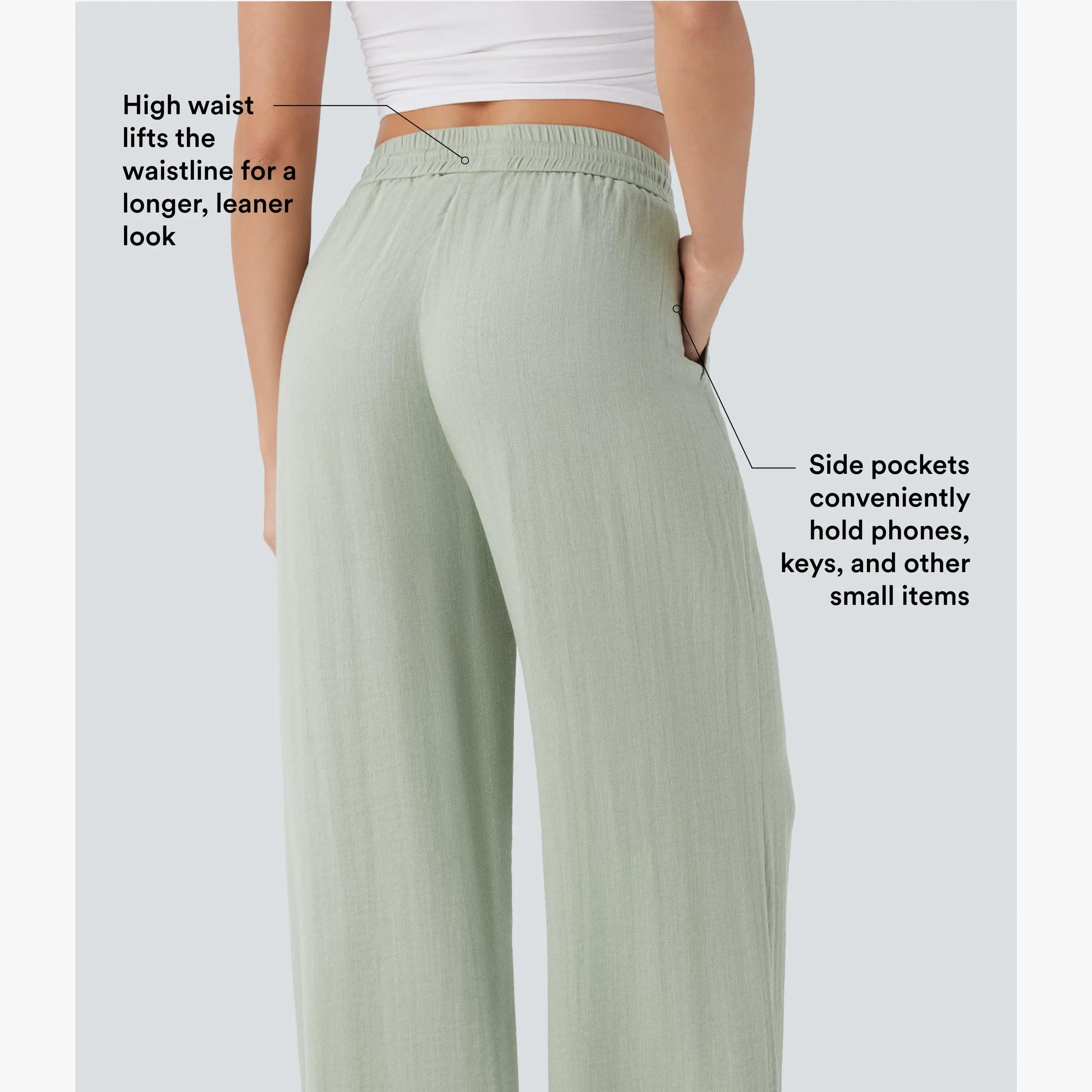 High Waisted Drawstring Pocket Wide Leg Casual Linen-Feel Pants