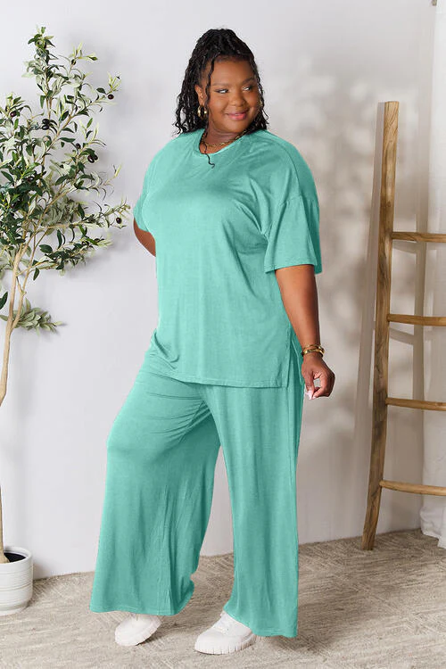 Full Size Round Neck Slit Top and Pants Set