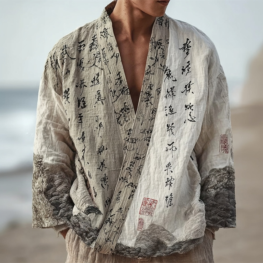 Men's Japanese Landscape Calligraphy Art Contrast Linen Kimono