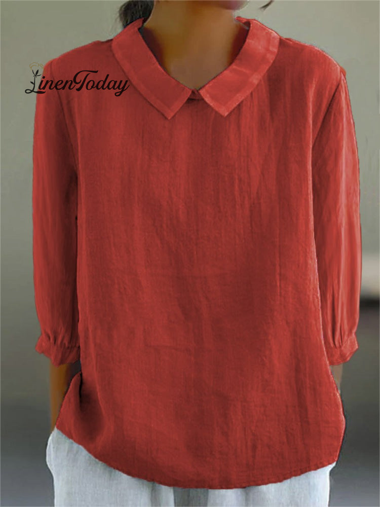 Women's Solid Color Casual Cotton And Linen 3/4 Sleeve Shirt