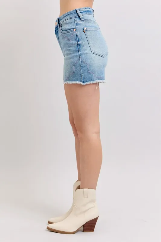 High Waist Western Embroidery Detail Cut Off Denim Shorts