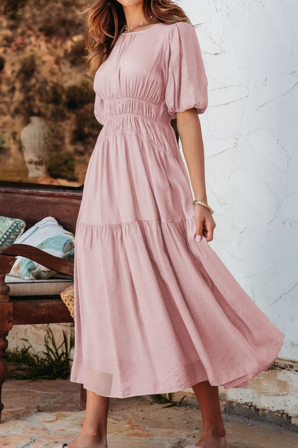 Puff Sleeve Pleated High Waist Flowy Midi Dress