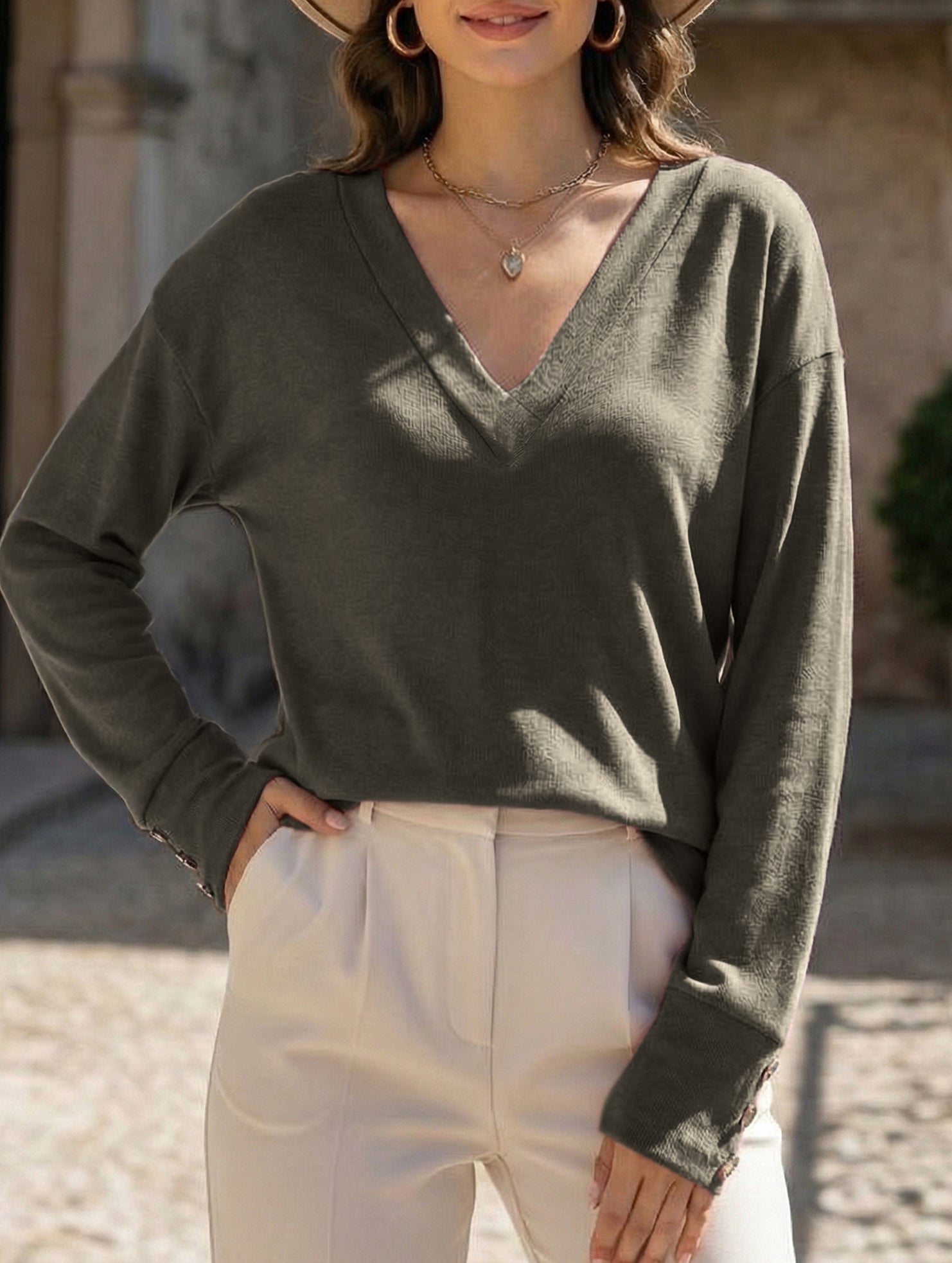 Solid V Neck Button Loose Long Sleeve Tee_CWTTL01231