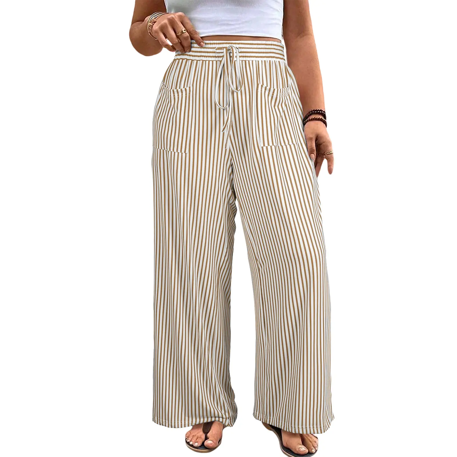 Womens Plus Size Wide Leg Pants Elastic High Waist Striped Casual Palazzo Pants Lounge Trouser with Pockets (1X-5X)
