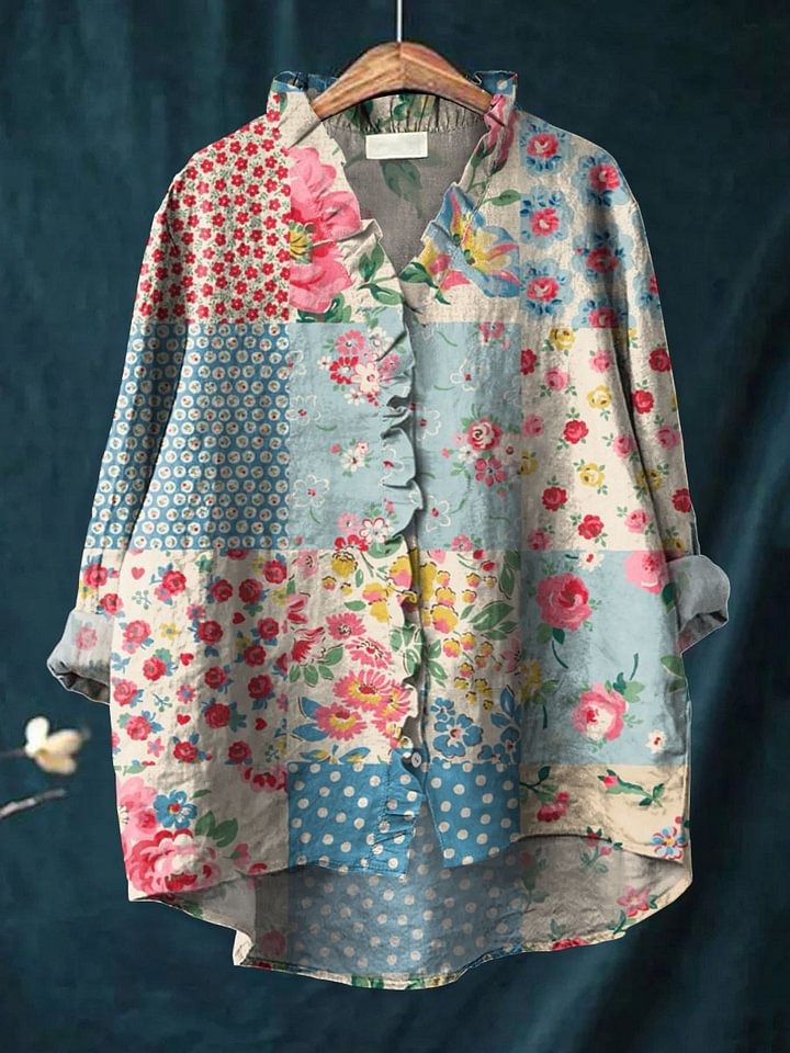 Vintage Bohemian Floral Cotton and Linen Peter Pan Ruffle Collar Shirt