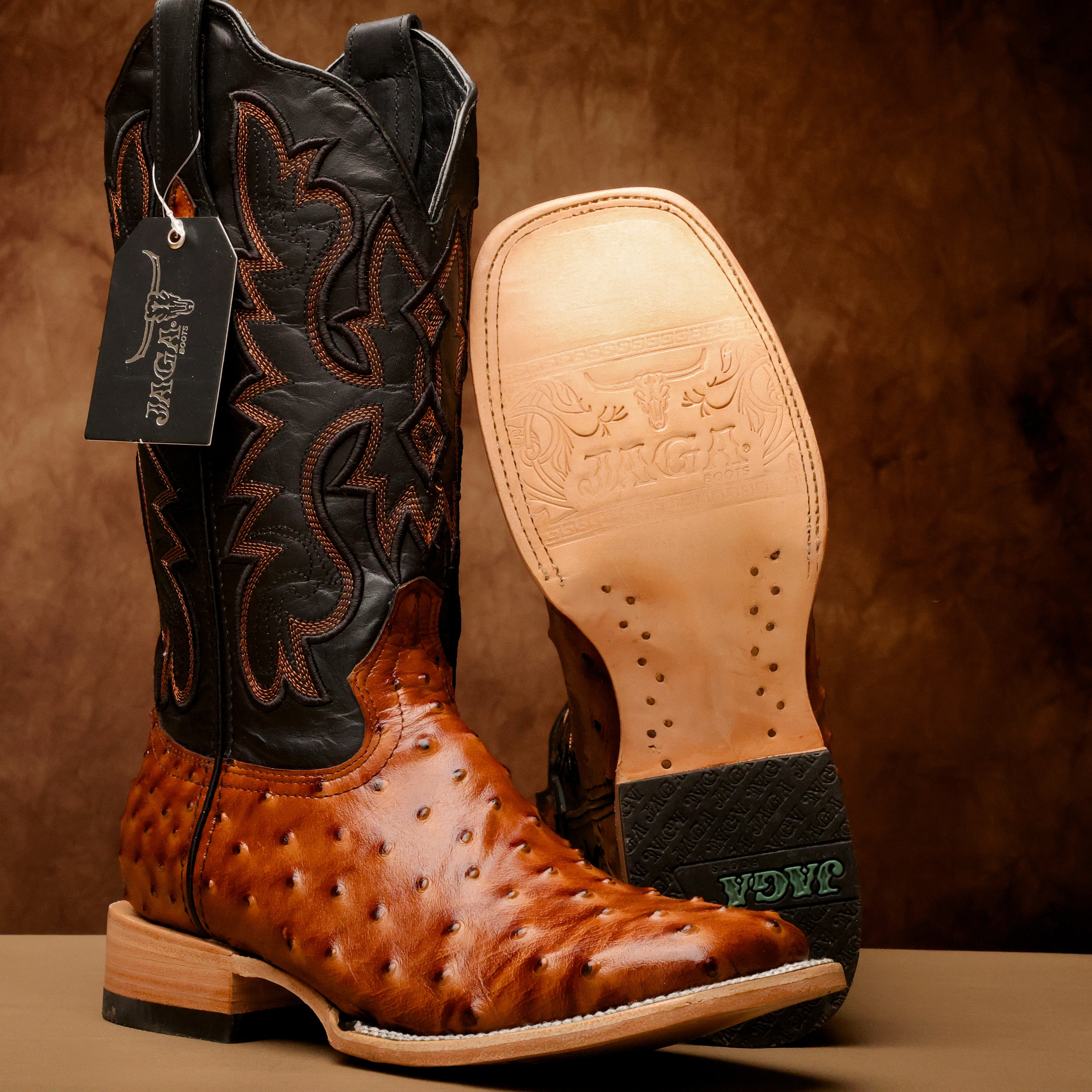 Cognac Ostrich Leather Boots - Square Toe