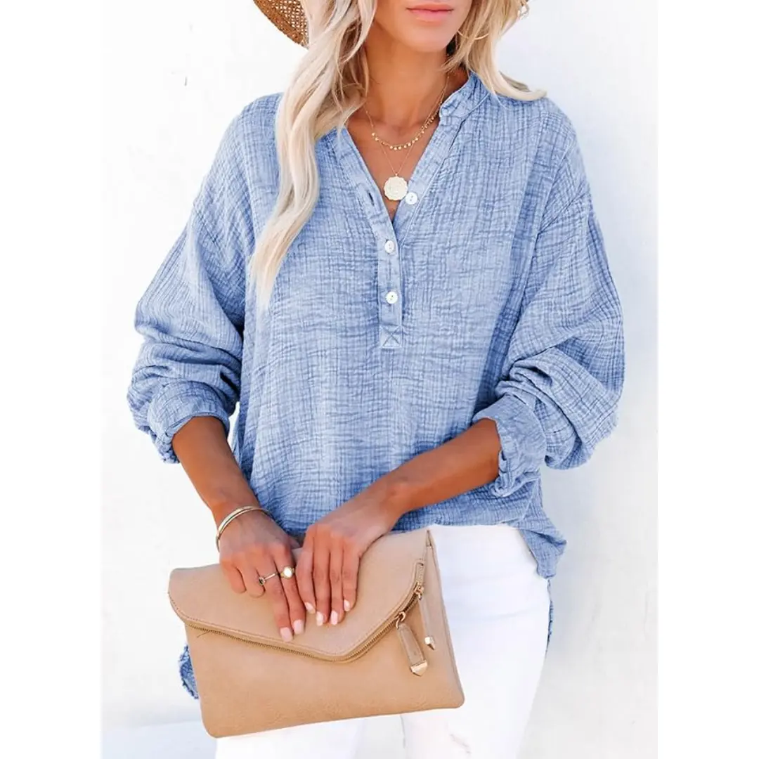 Women's Casual Button V Neck Long Sleeve Shirts Oversized Solid Blouses Tops 100% Cotton Boyfriend Style Loose Fit