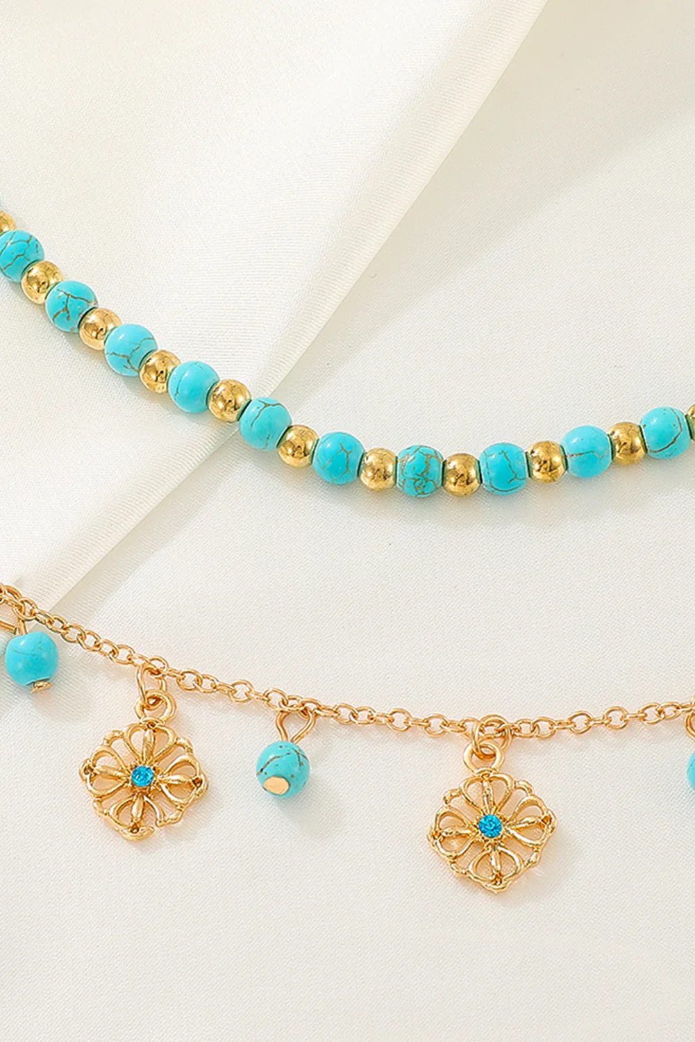 Gold Turquoise Beaded Flower Charm Layered Adjustable Anklet