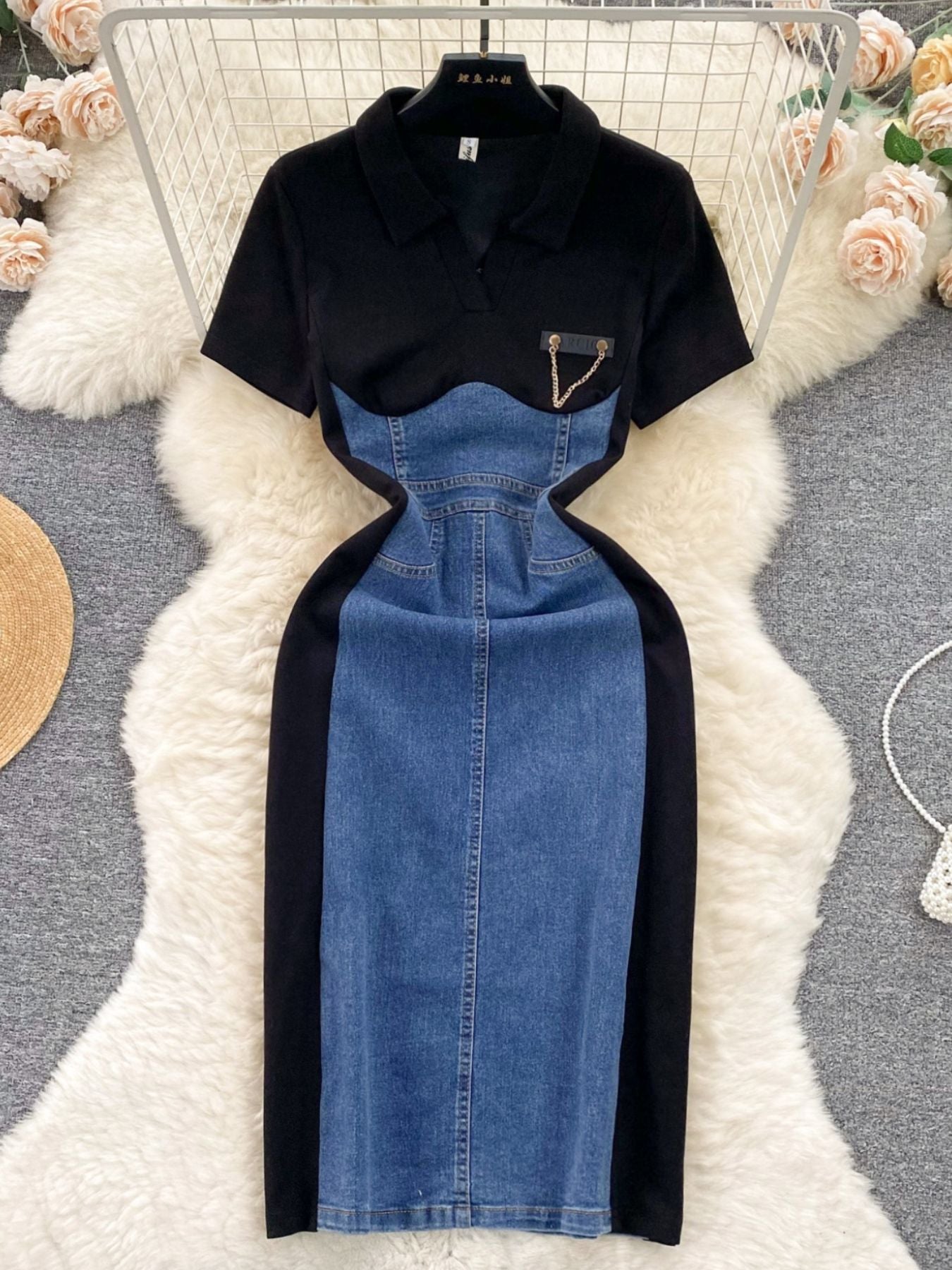 Full Size Color Block Denim Patchwork Bodycon Mini Dress Plus Size