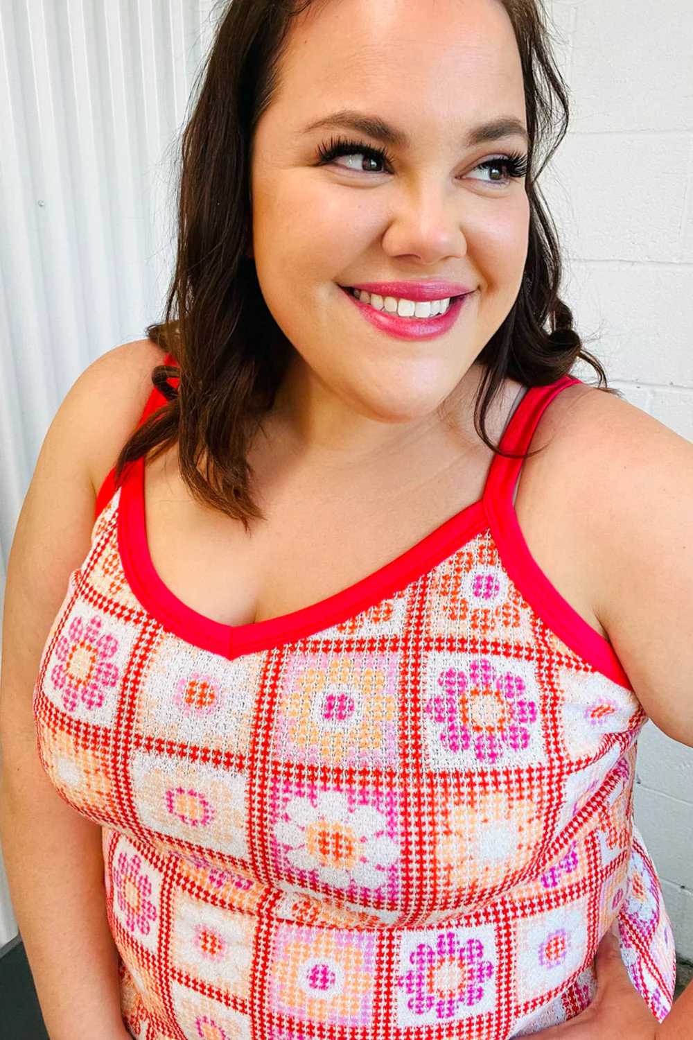 Retro In Bloom Coral Flower Power Waffle Knit Sleeveless Top