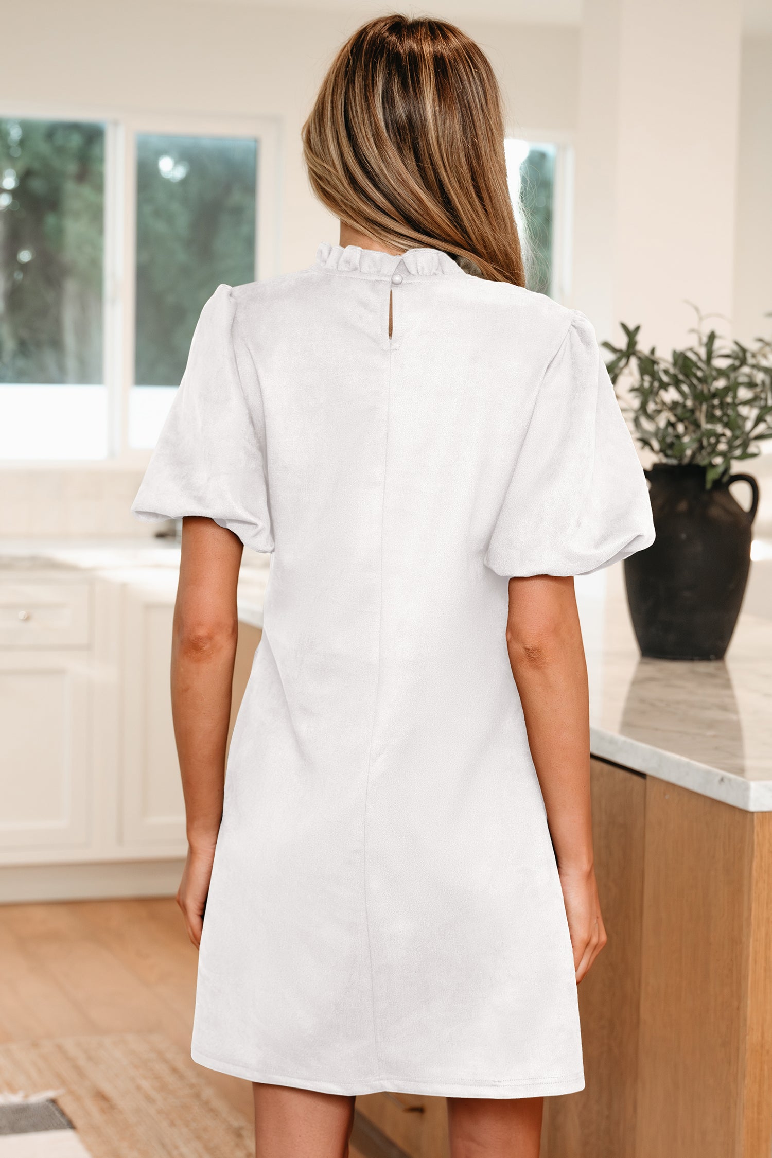 White Frilled Round Neck Short Puff Sleeve Shift Mini Dress