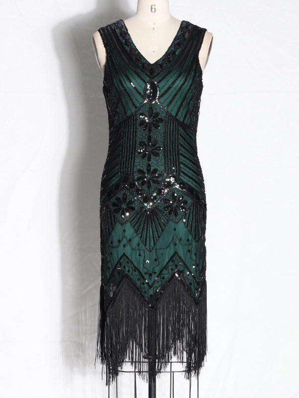 Evening H-Line Beads Sequined Tasseled Midi Dresses