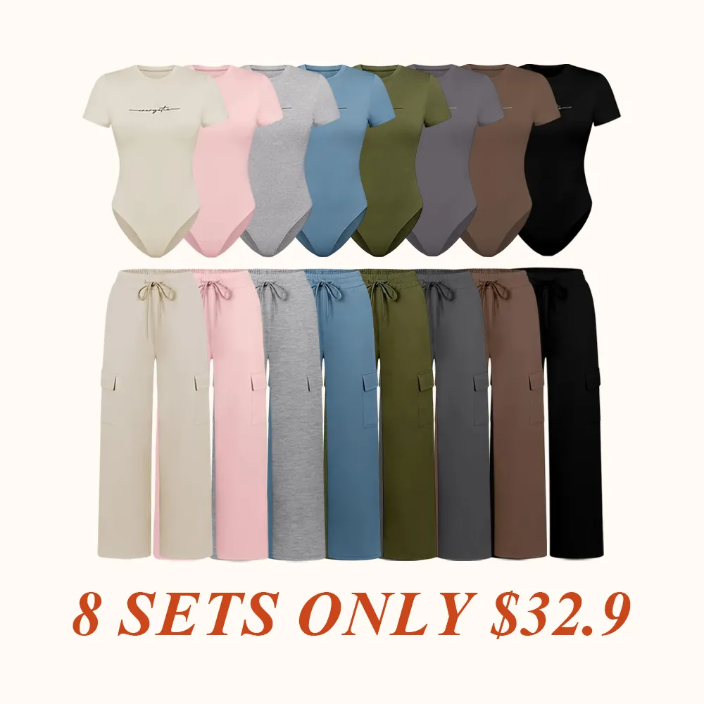 Women's Knit Letter Print Two-Piece Set, Casual Fitted Short Sleeve Jumpsuit & Long Pants, All Seasons Fashion