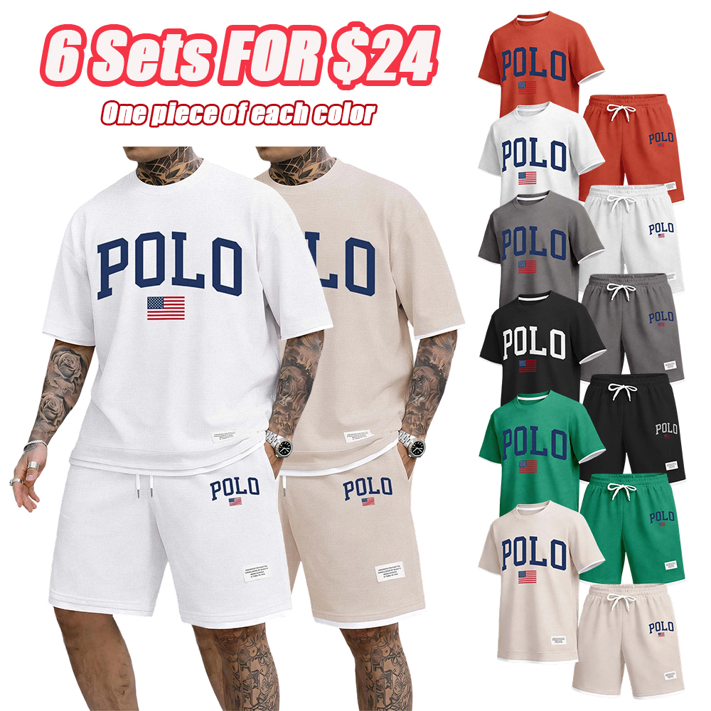 Men's Polo Print Drawstring Shorts Set For Spring/Summer