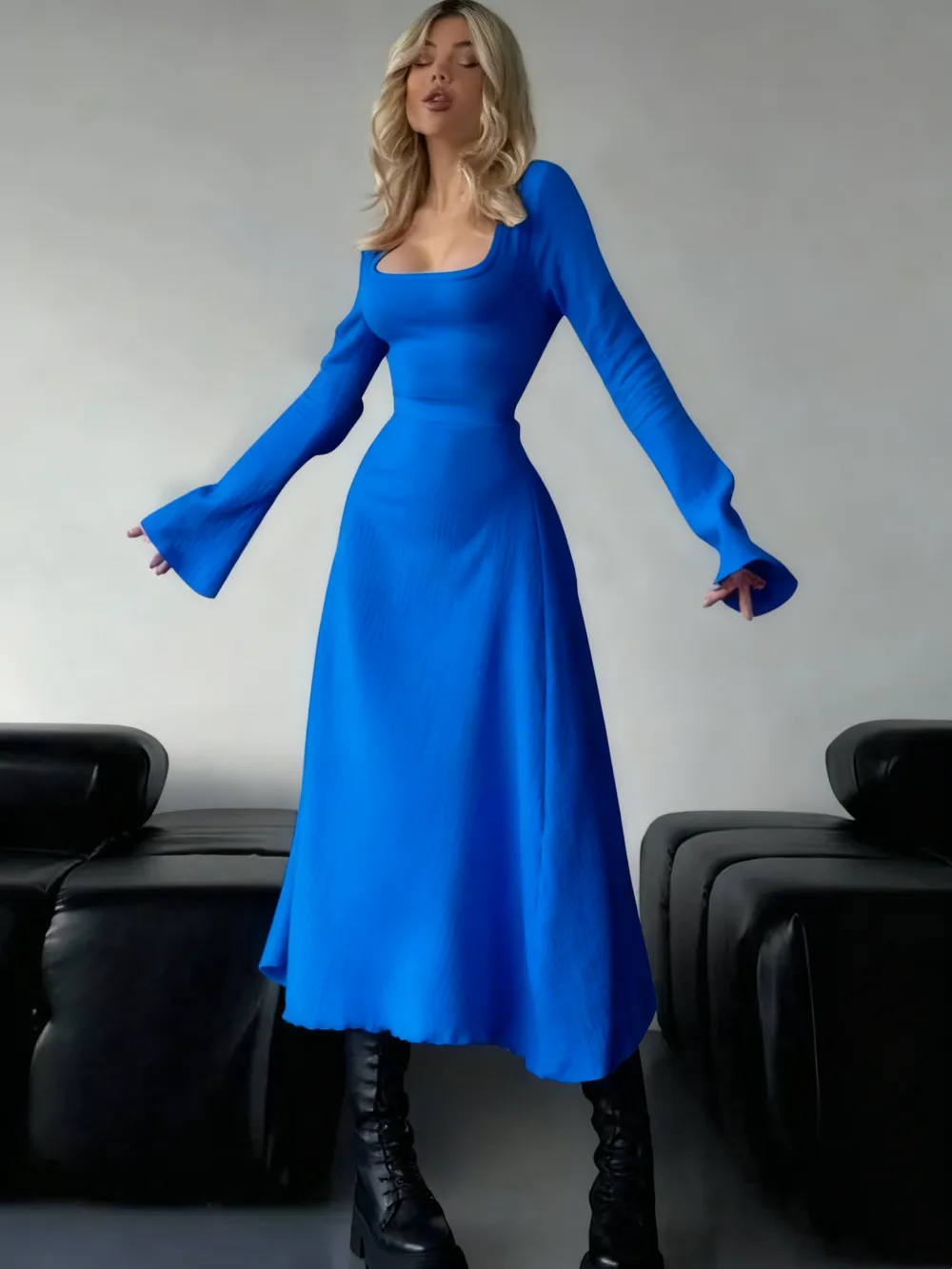 Women's Plain Lace Up Tie Back Flounce Sleeve Dress