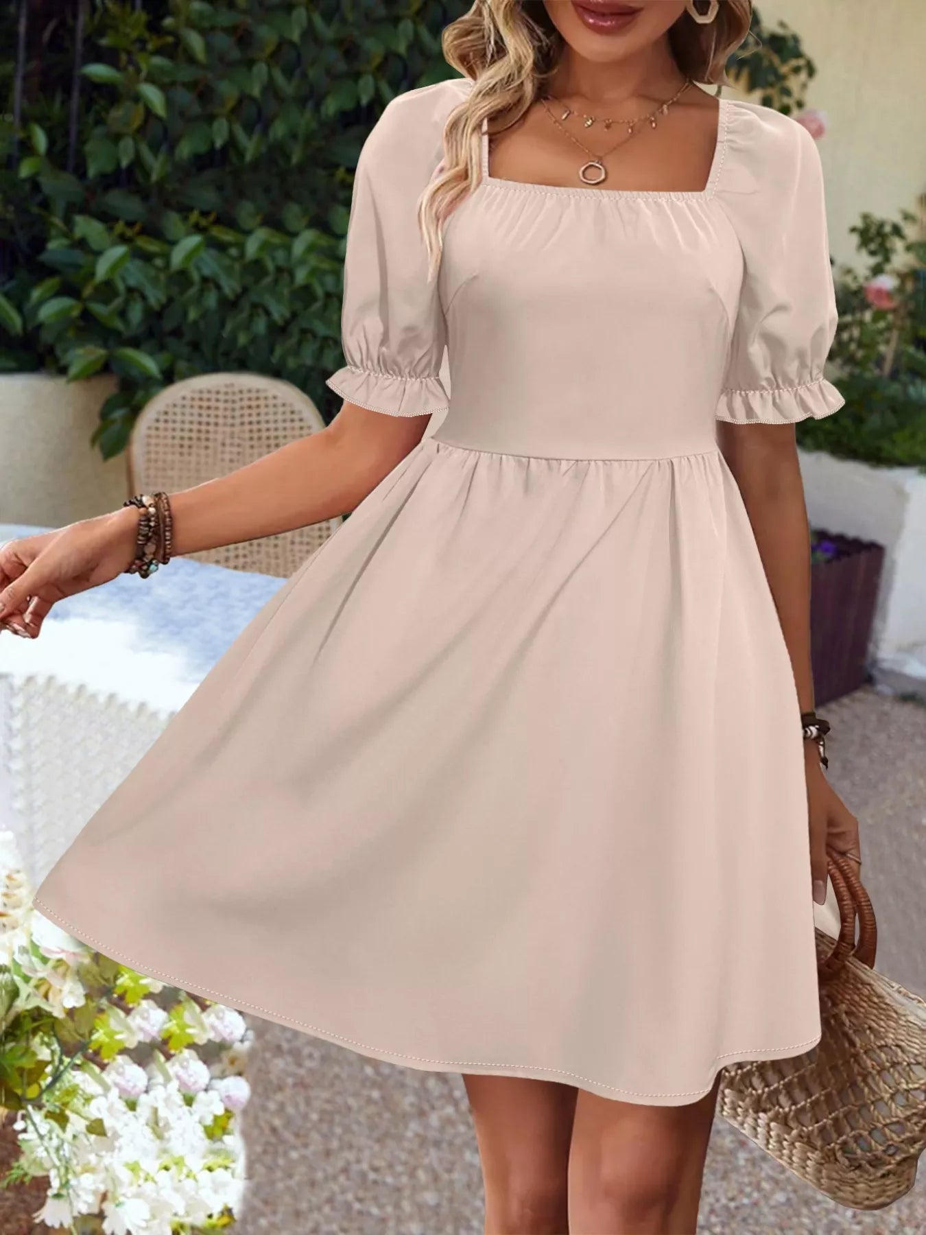 Square Neck Puff Sleeve A-Line Mini Dress