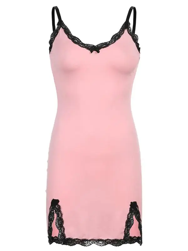 Women's Colorblock Contrast Lace Bow Decor Split Hem Cami Dress