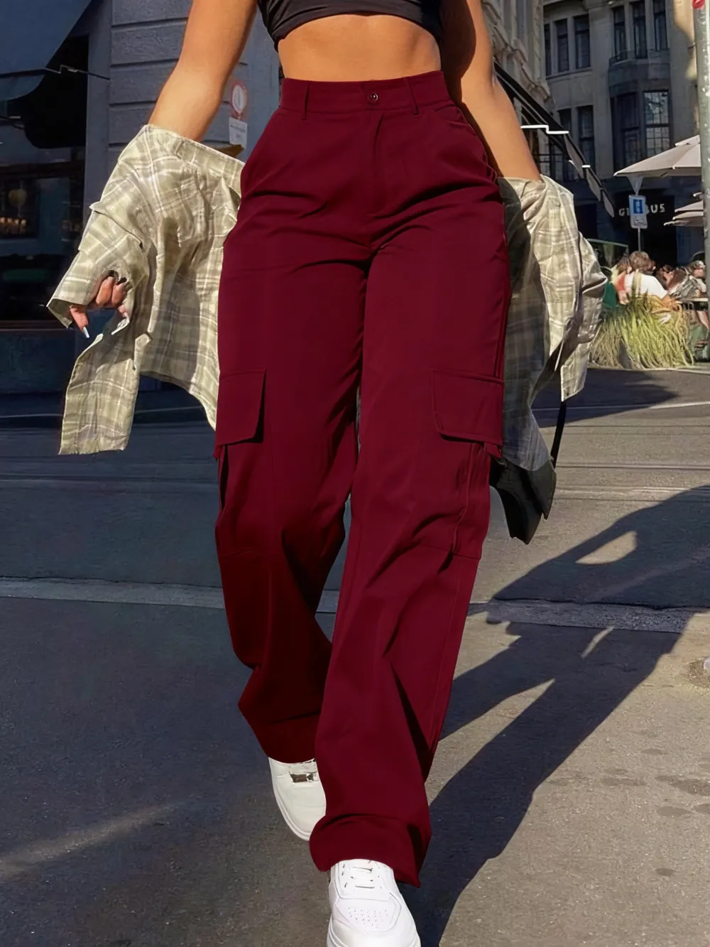 Women's Plain Flap Pocket Button High Waist Cargo Pants