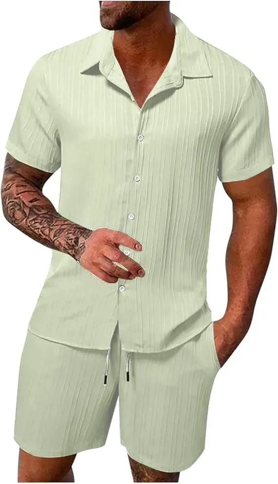 Men'S Solid Textured Short Sleeve Button Front Shirt & Pocket Drawstring Waist Shorts Two-Piece Set, Casual Summer Outfits Clothes Set For Men, Sets For Men Clothing, Menswear,  Summer Outfits Set