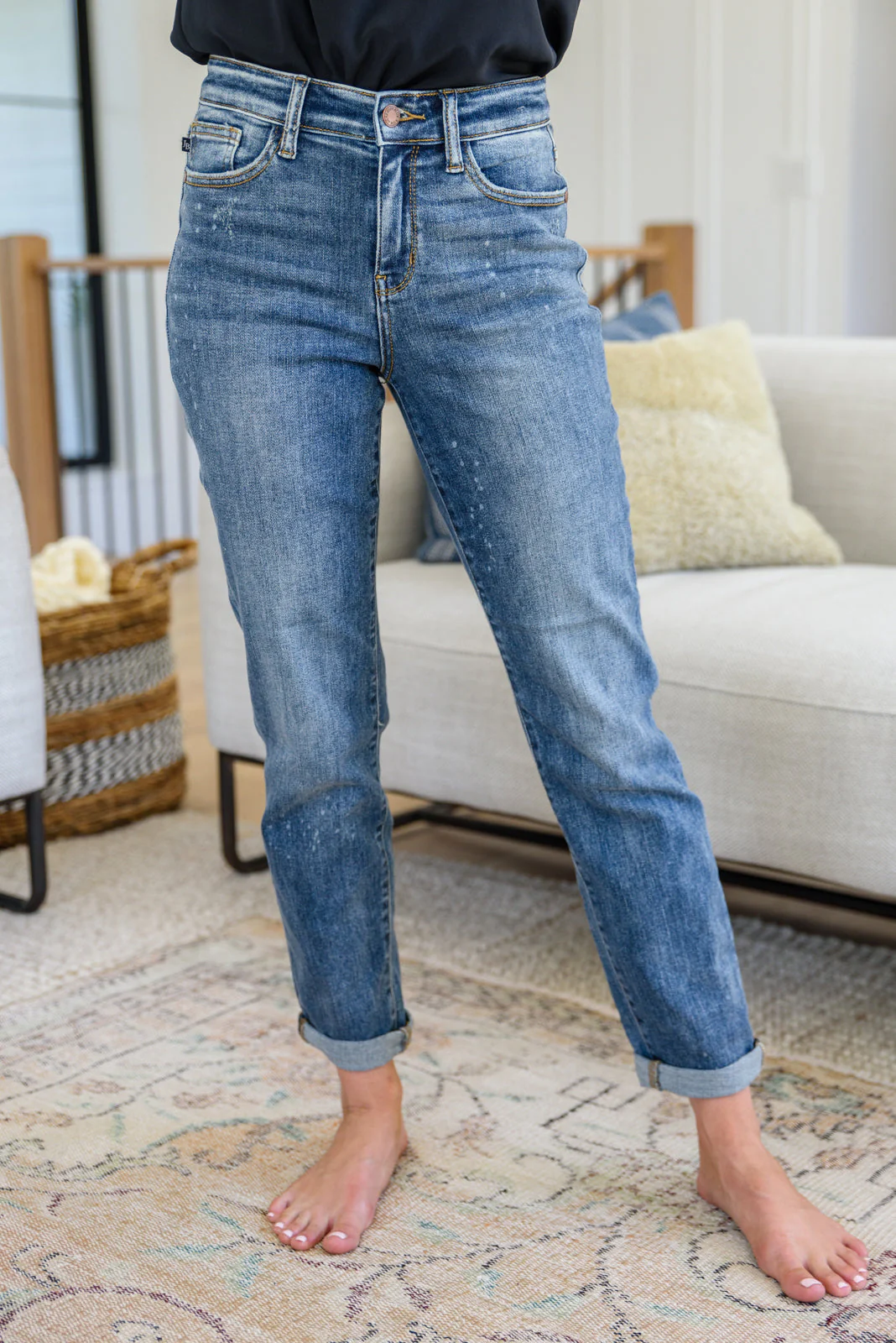 Hi Rise Bleach Splash Boyfriend Jeans