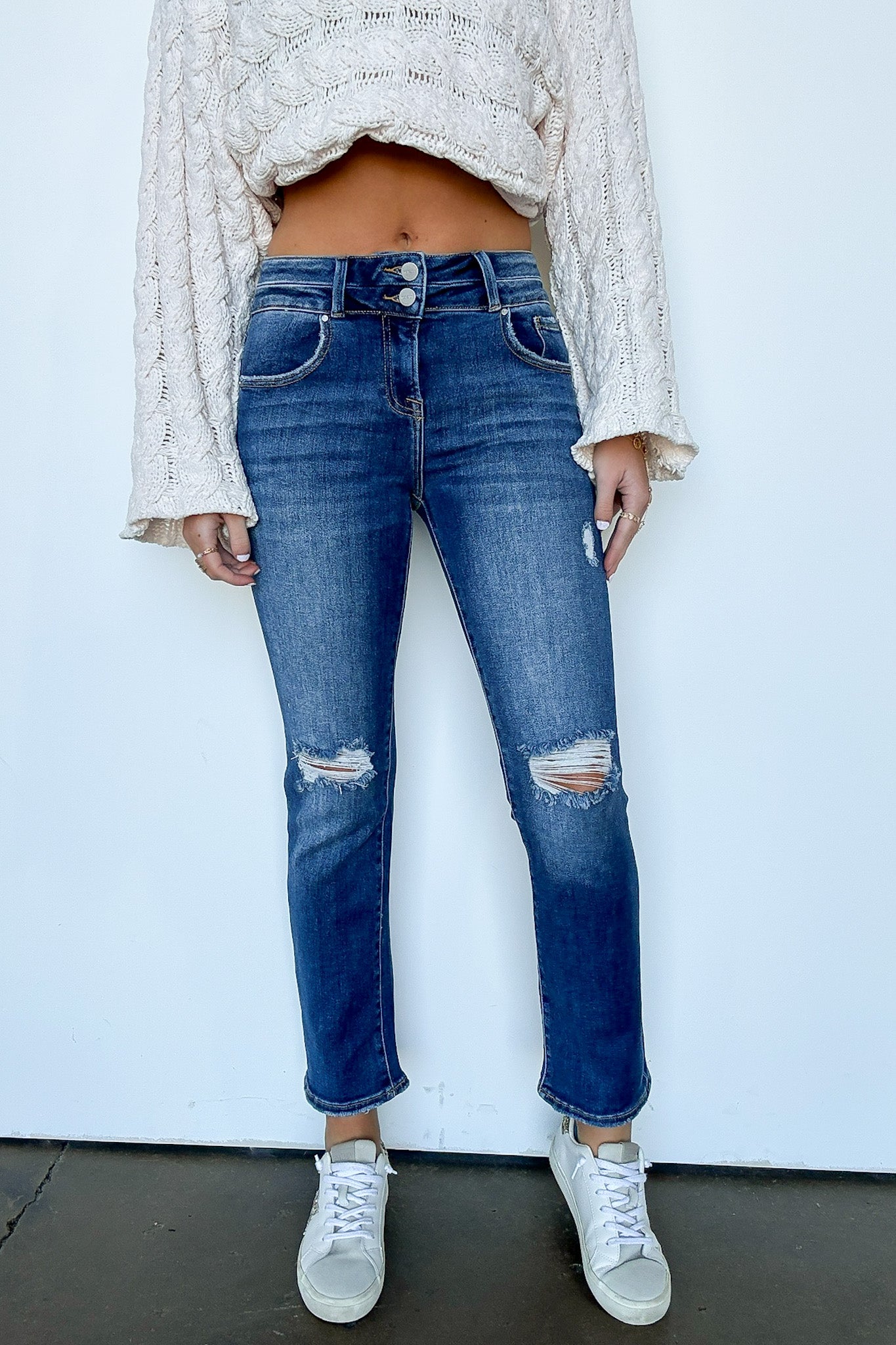 High Rise Distressed Slim Straight Jeans