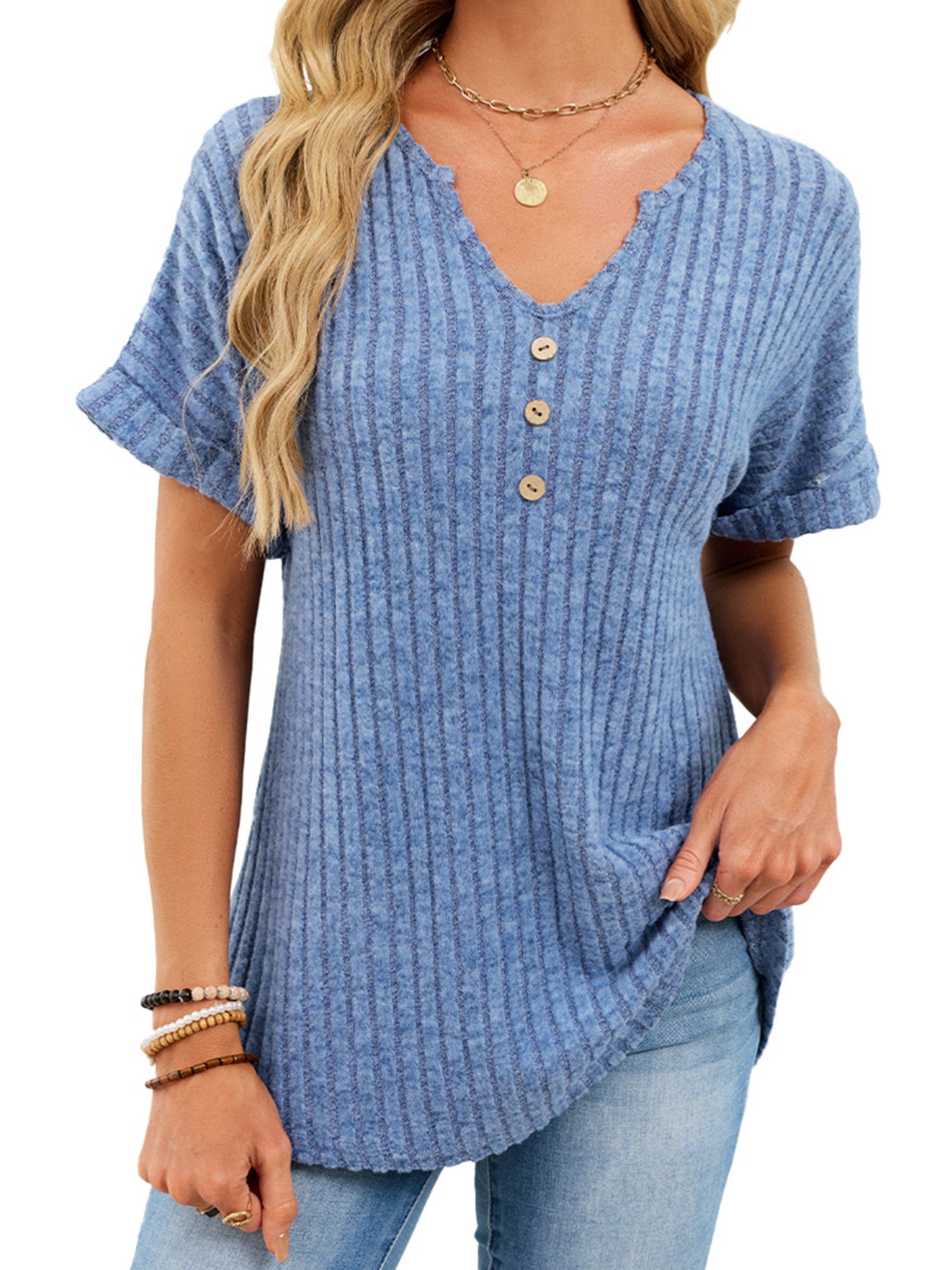 Ribbed Knit Short Sleeve T-Shirt