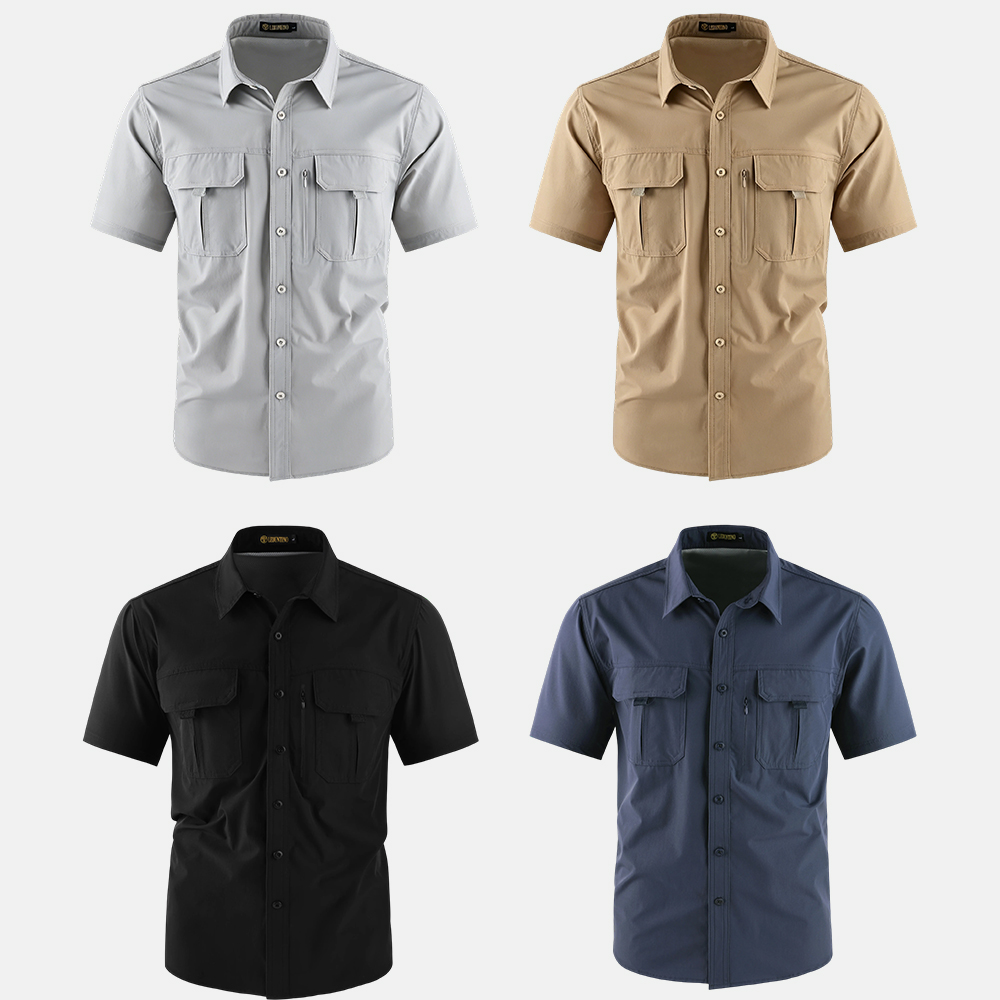 Men's American-Style Solid Color Shirt with Hidden Ventilation Holes Casual Summer Beach Nylon Shirt High-Quality Fabric Short Sleeves Button Closures